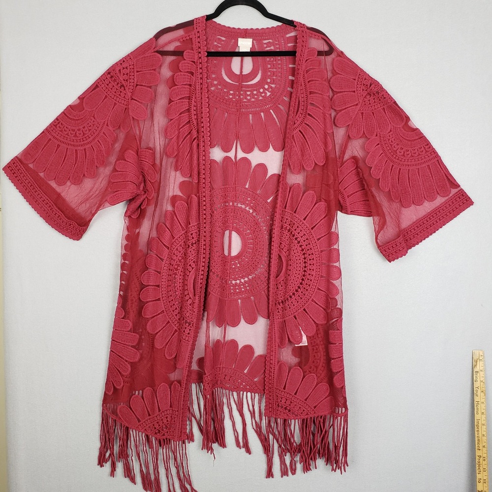 Chicos XL Sheer Lace Kimono‎ Duster Top Maroon Fringe Hippie Pool Vacation Layer
